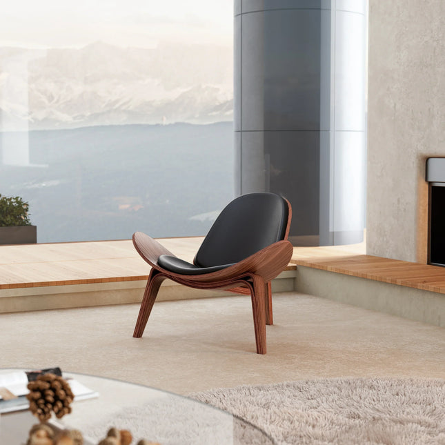 Shell Lounge Chair Tripod Wood with Black PU Leather Chairs-5