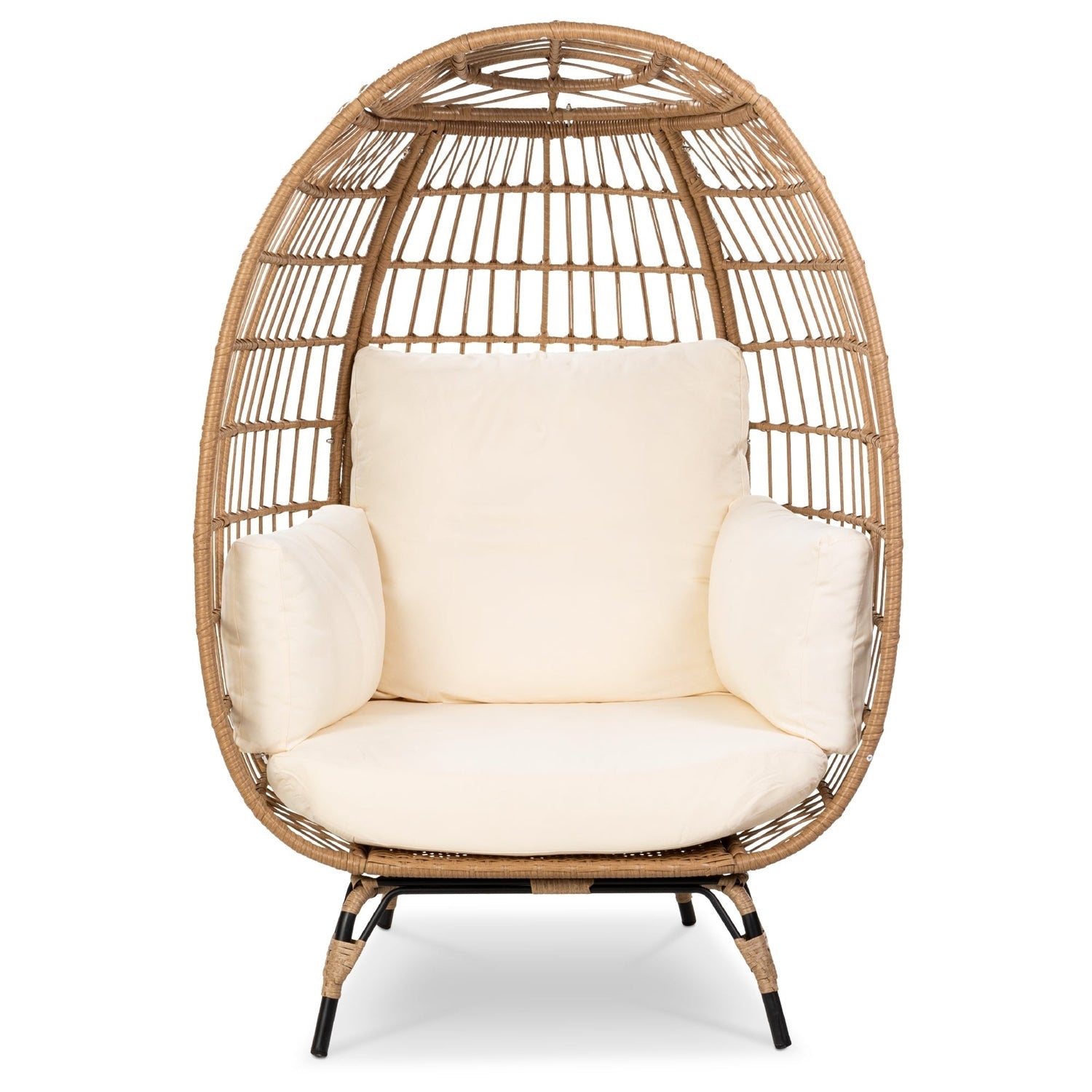 Wicker egg-shaped chair with white cushions on a white background