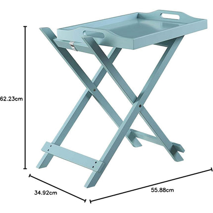 Light blue folding tray table with dimensions indicated on a white background