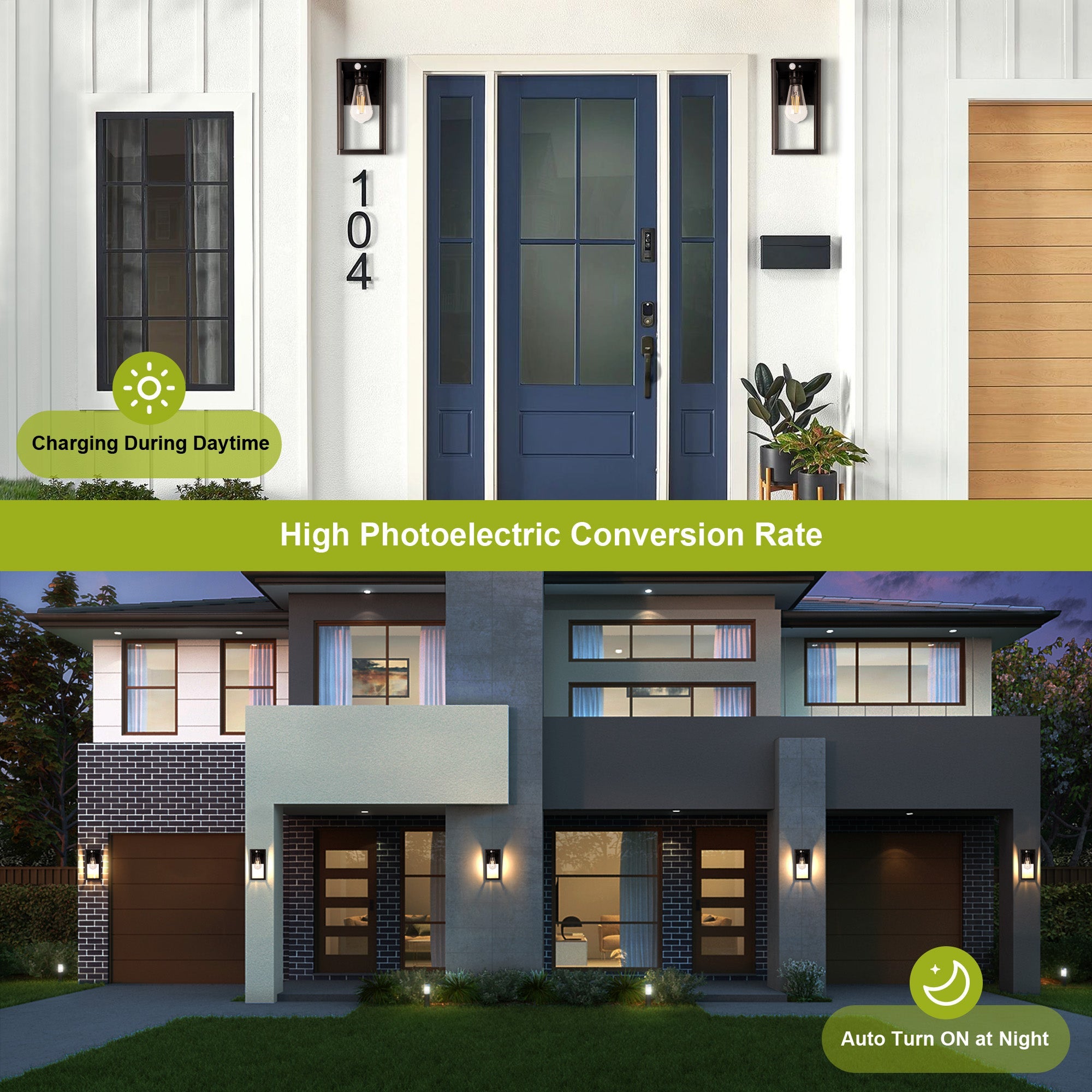 Modern house with solar panel system and text about high photoelectric conversion rate.