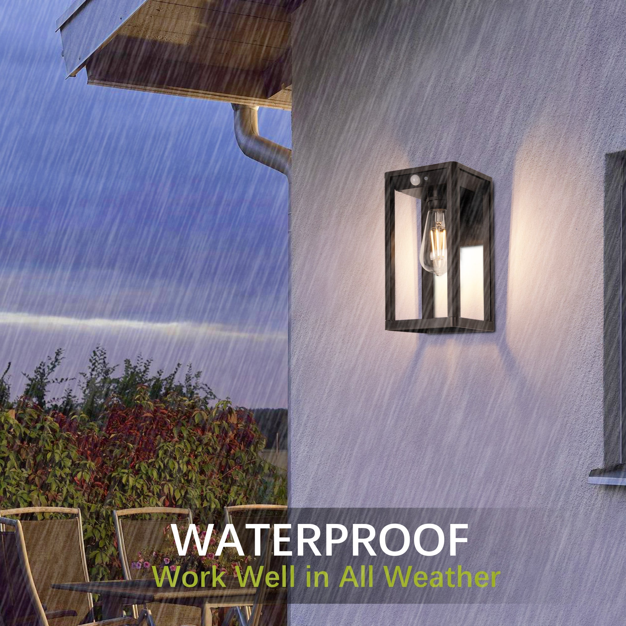 Outdoor wall light fixture on a house exterior with rain and garden view, emphasizing waterproof feature.