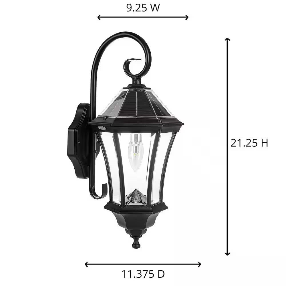 Black outdoor wall light fixture with dimensions labeled on a white background