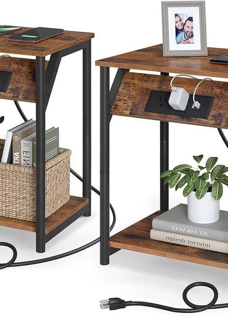 Set of 2 -  Nightstand End Tables Charging Station with 2 USB ports-0