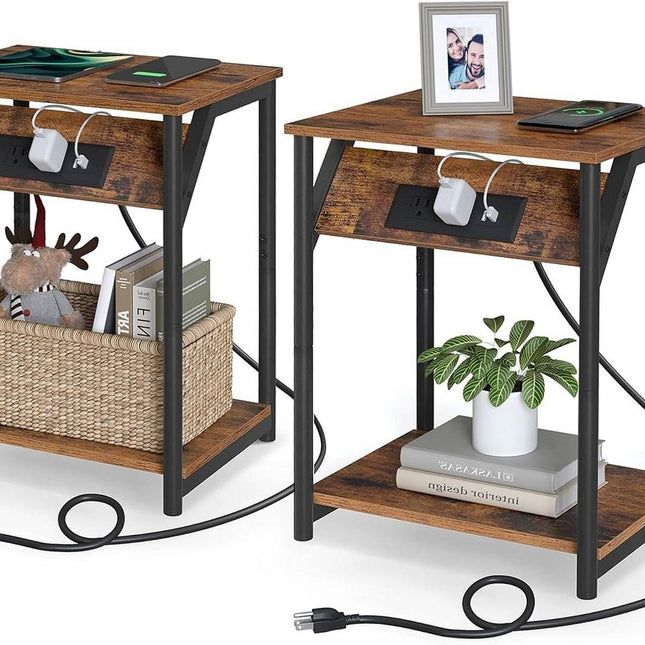 Set of 2 -  Nightstand End Tables Charging Station with 2 USB ports-0