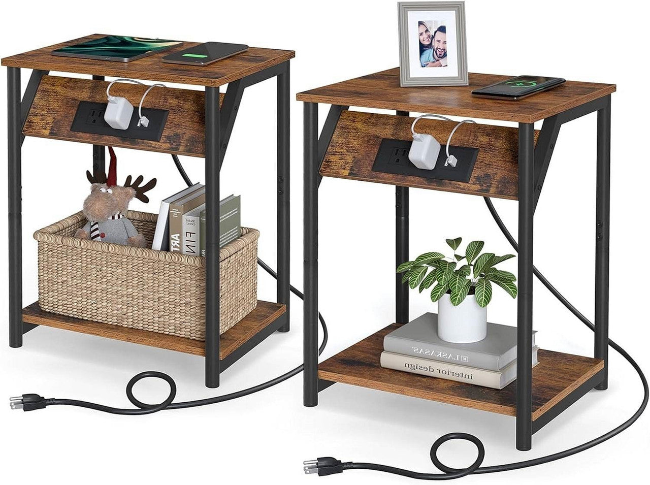 Set of 2 -  Nightstand End Tables Charging Station with 2 USB ports-0