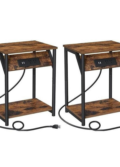 Set of 2 -  Nightstand End Tables Charging Station with 2 USB ports-2