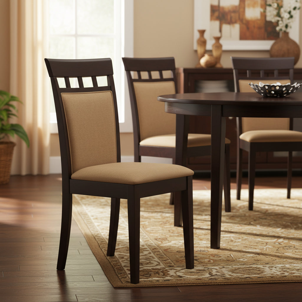 Dining chairs with brown wooden frames and beige cushioned seats on a light wood floor.