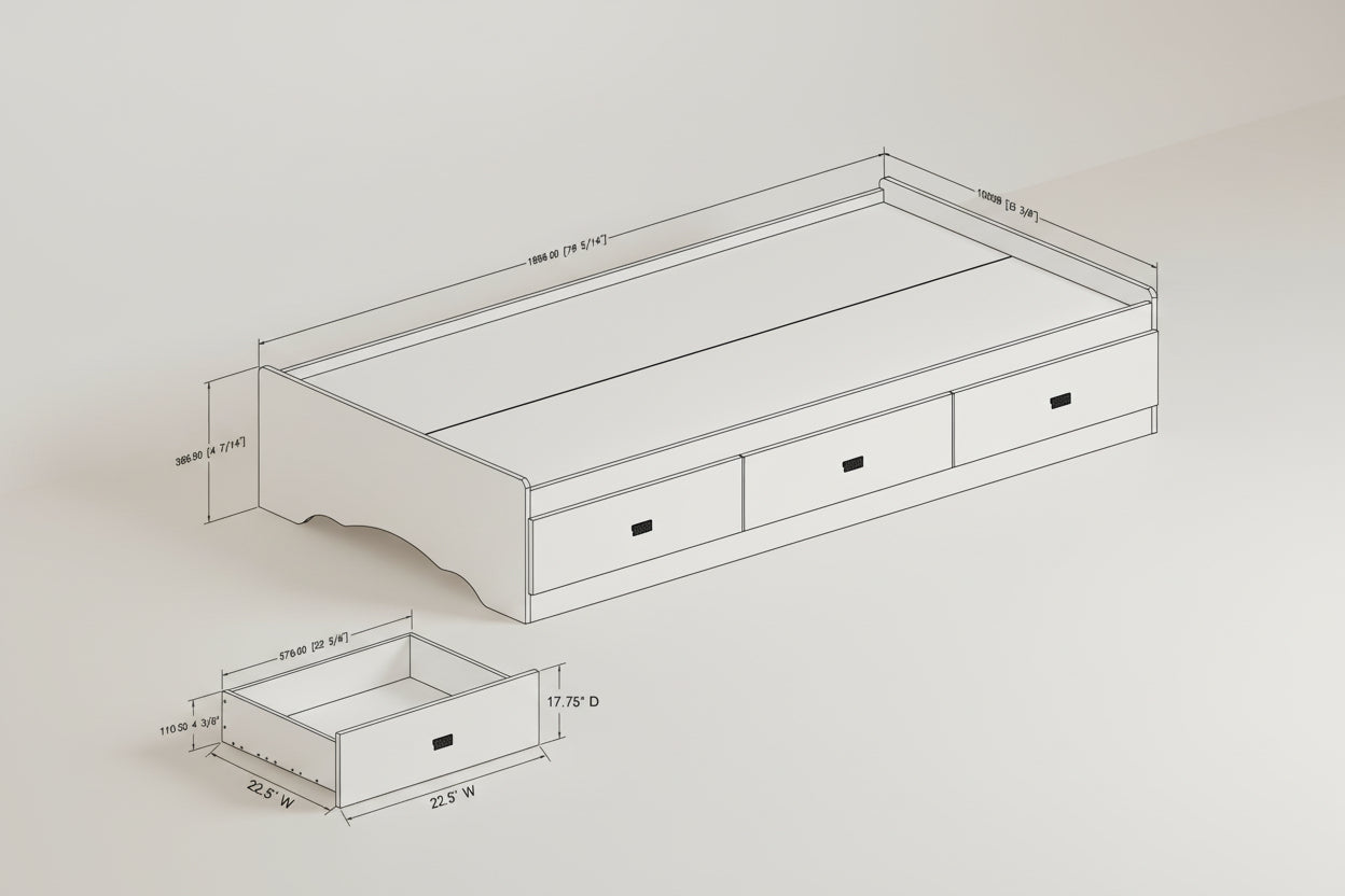 Twin size White Platform Bed Frame with 3 Storage Drawers-2
