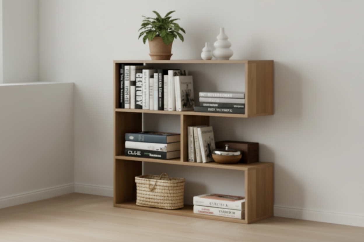 Wooden bookshelf with books, a plant, and decorative items against a white wall.
