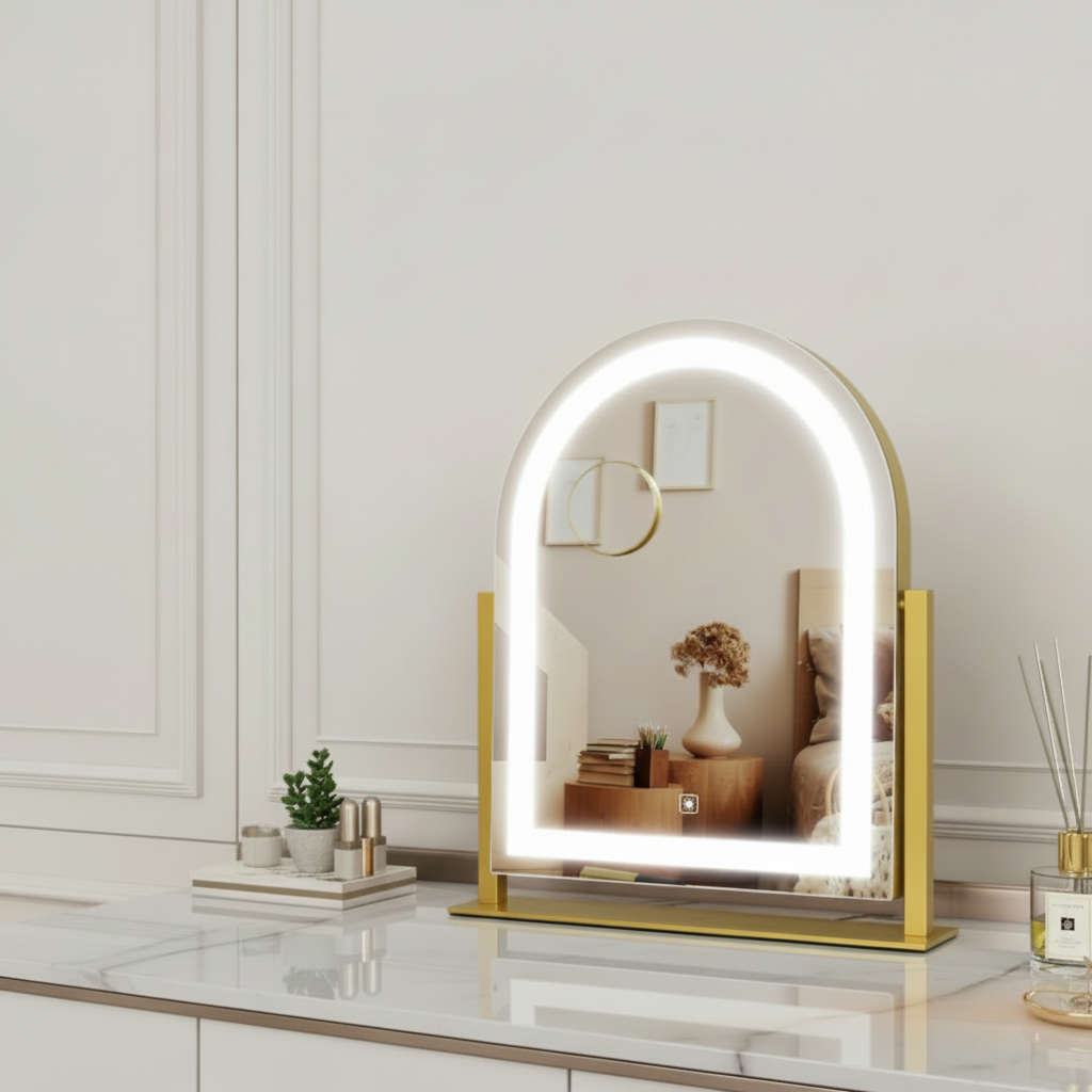 Lighted vanity mirror with dimensions displayed, placed on a surface.