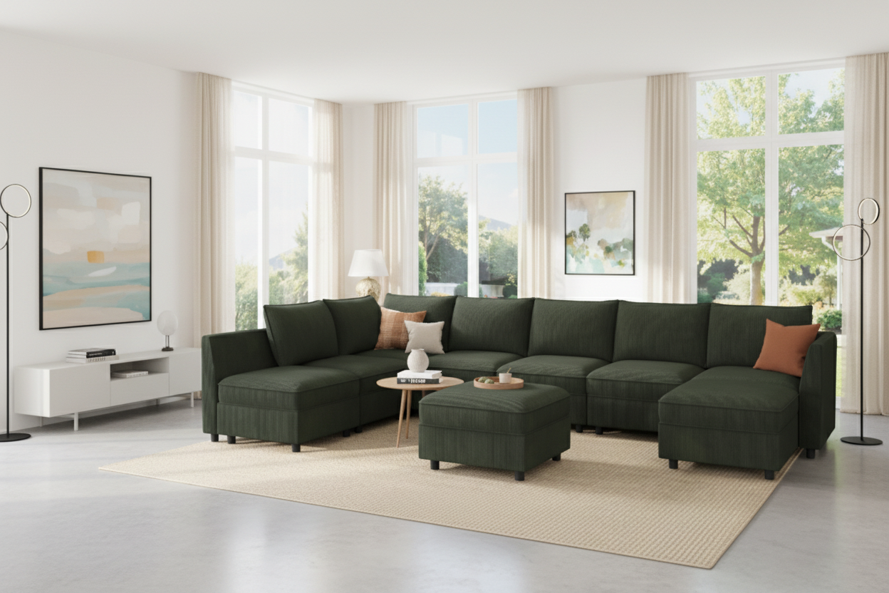 Dark gray sectional sofa with ottoman in a living room setting.