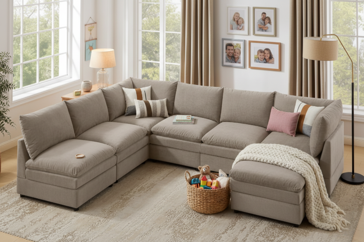 Gray sectional sofa in a living room with a yellow blanket and decor.
