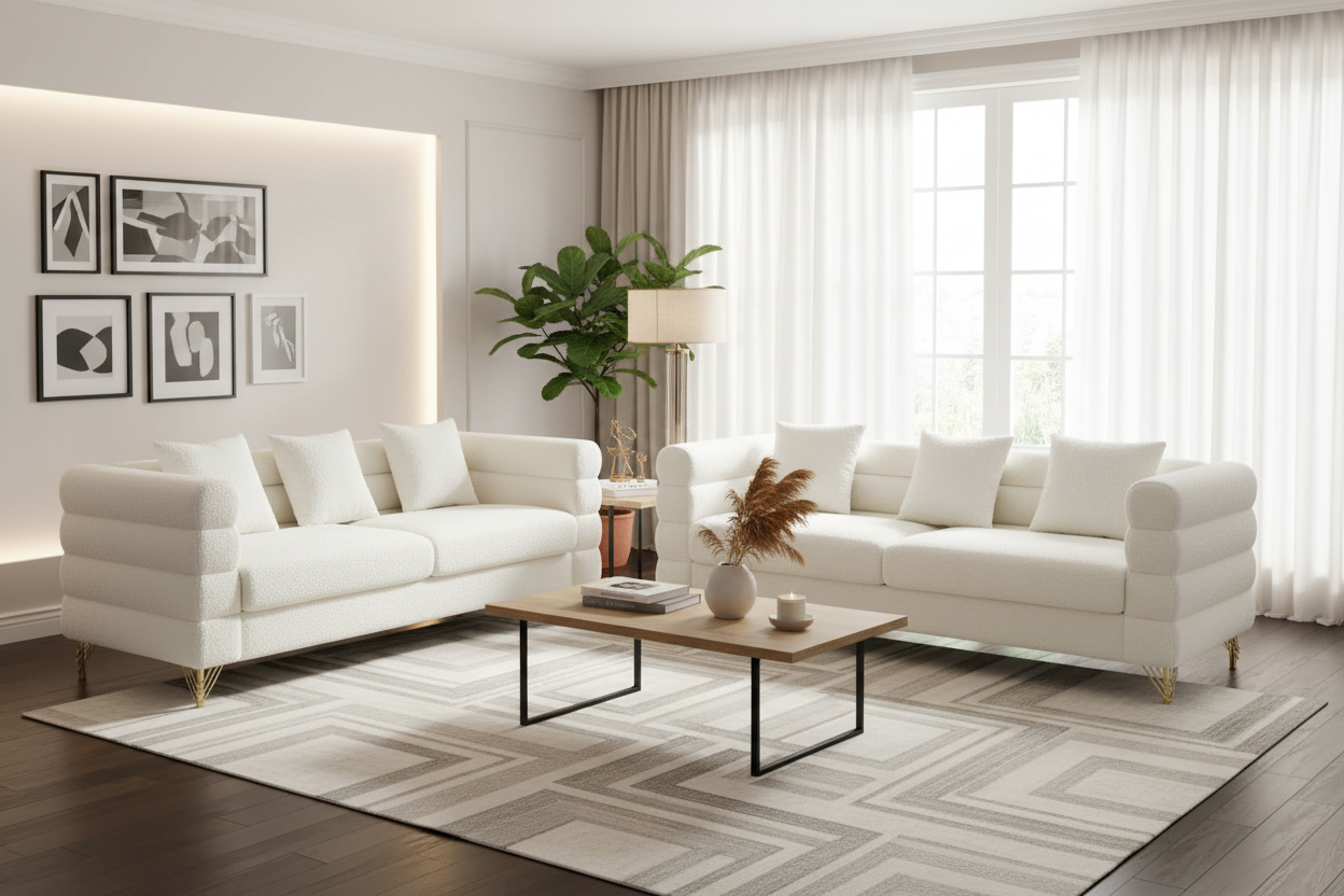 Dimensions of a white sofa with gold legs on a white background