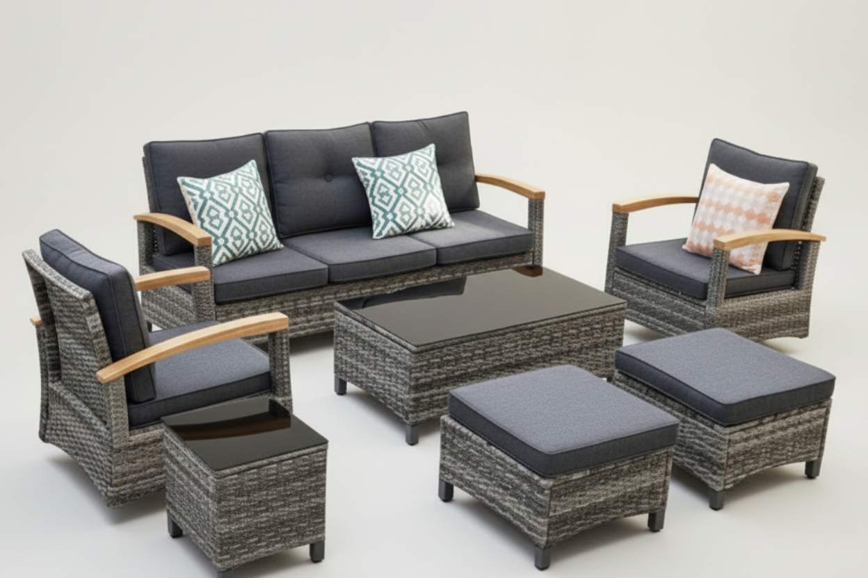 Outdoor patio furniture set with cushions on a patio area.