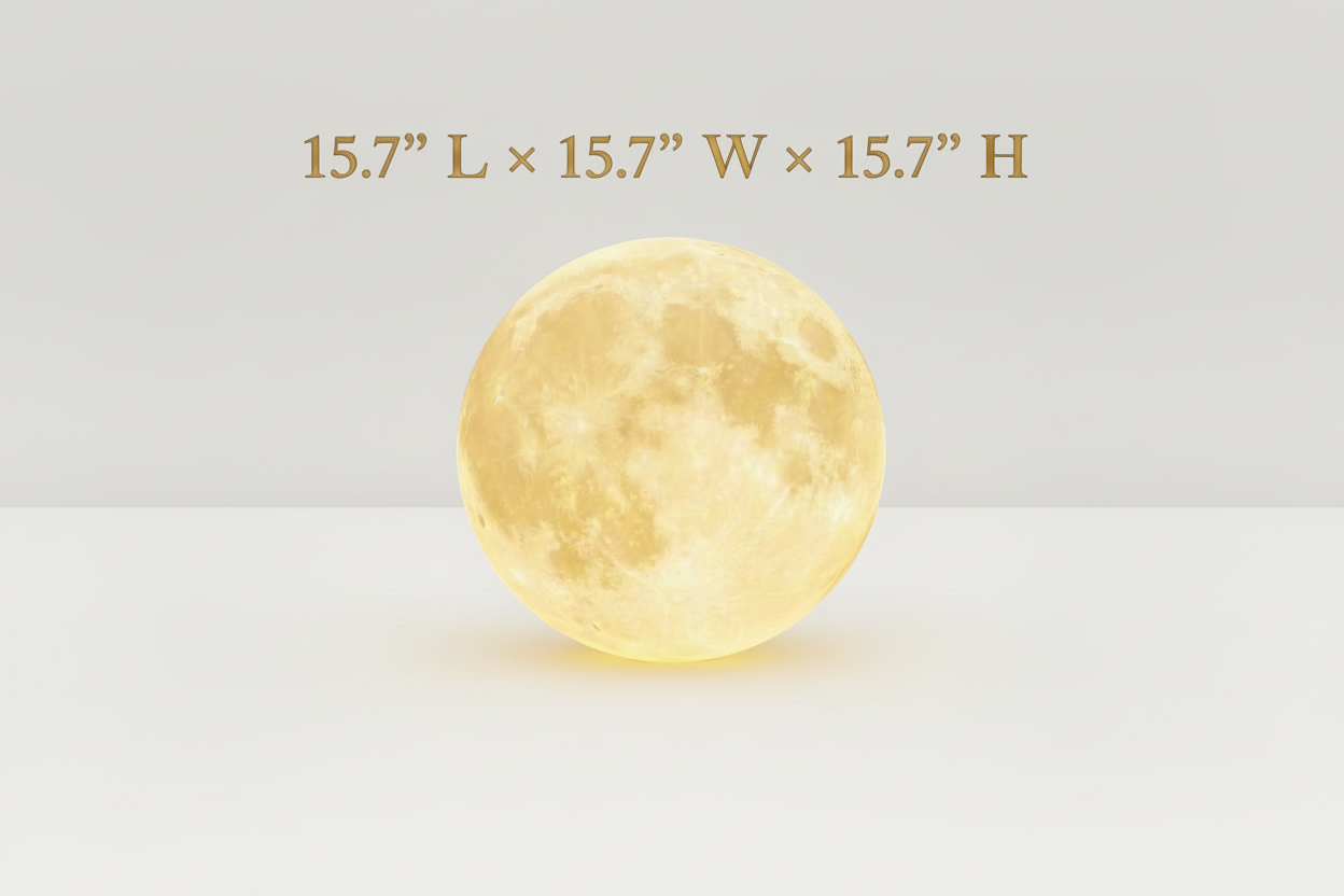 Large moon-shaped lamp casting light on a garden bench at night.