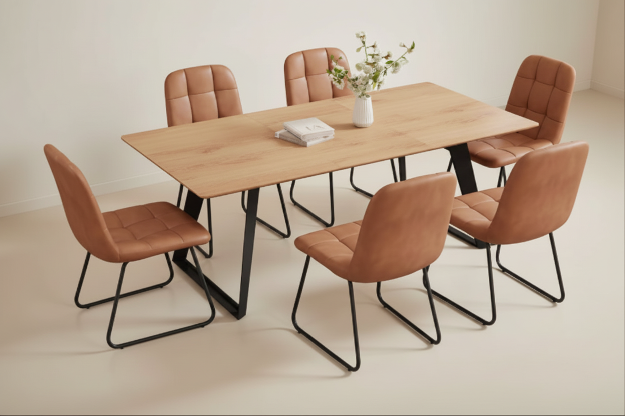 Dining table set with six brown chairs in a minimalistic room.