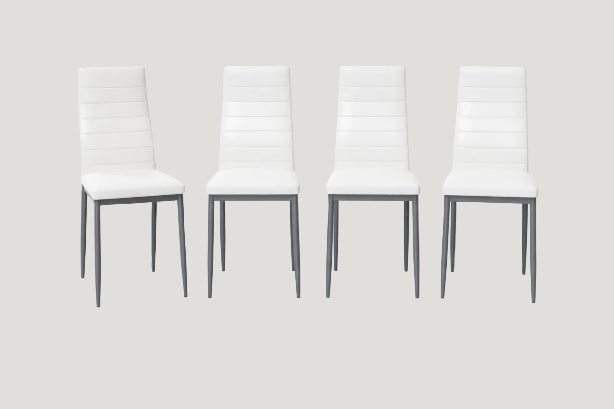 Dining table set with glass top and white chairs on a white background