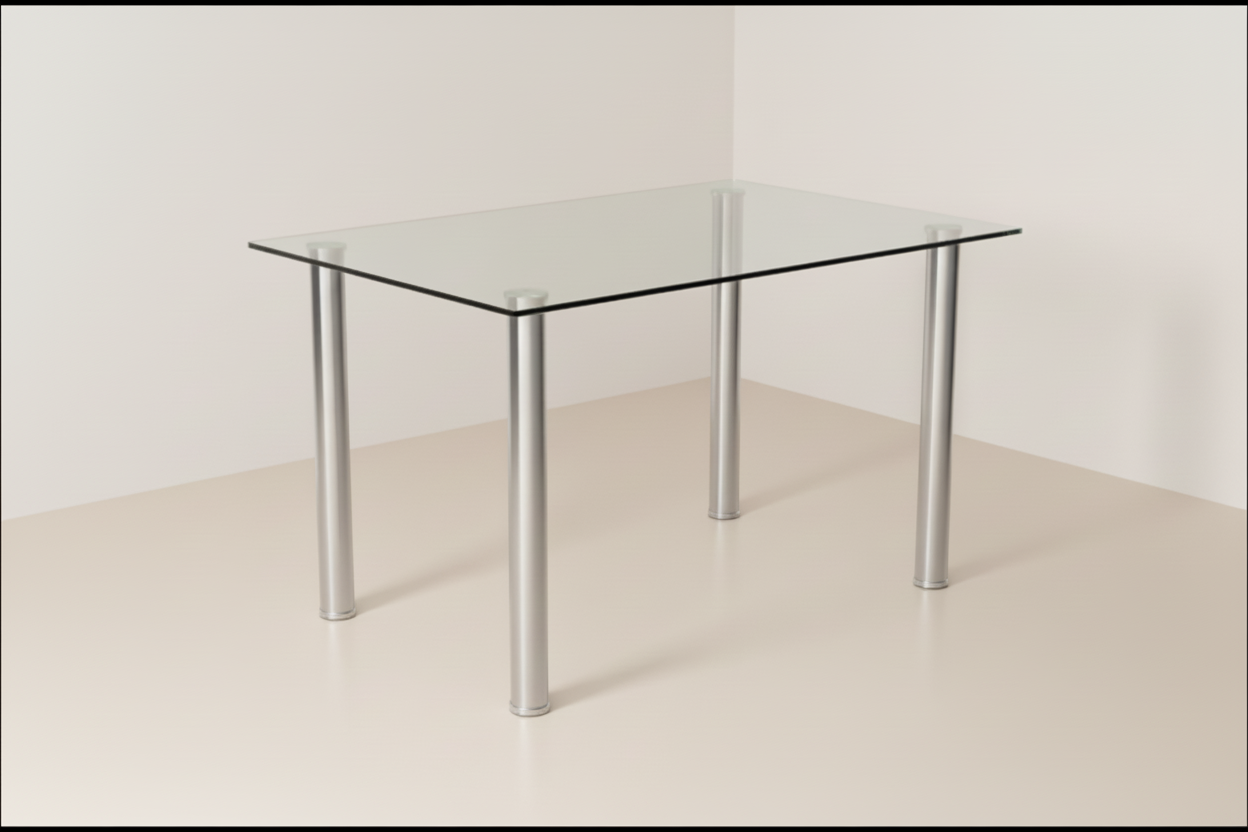 Dining table set with glass top and white chairs on a white background