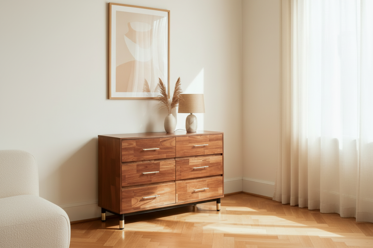 Wooden dresser with dimensions and weight capacity displayed