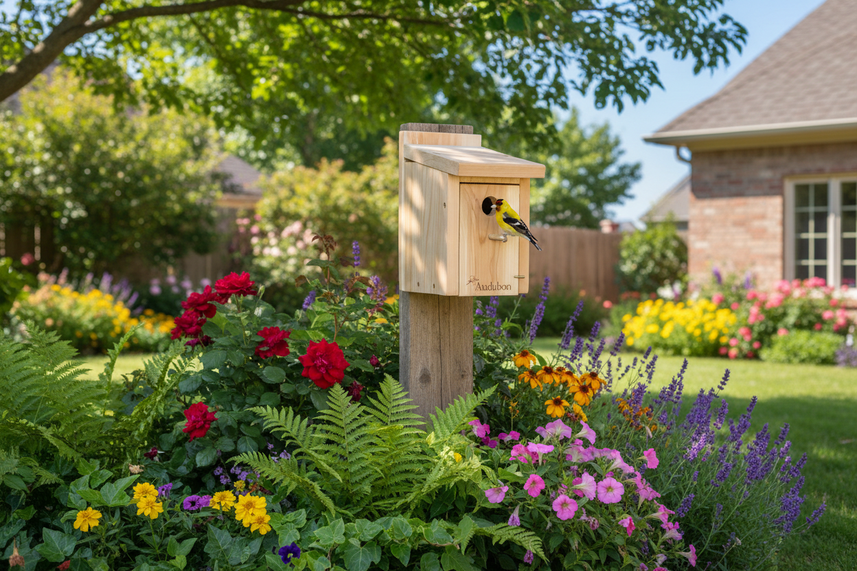 Wooden birdhouse with a visible Audubon logo on a white background