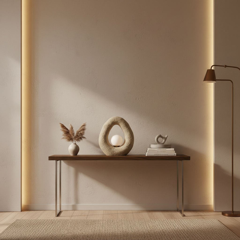 Decorative lamp with textured beige base and white bulb on a white background