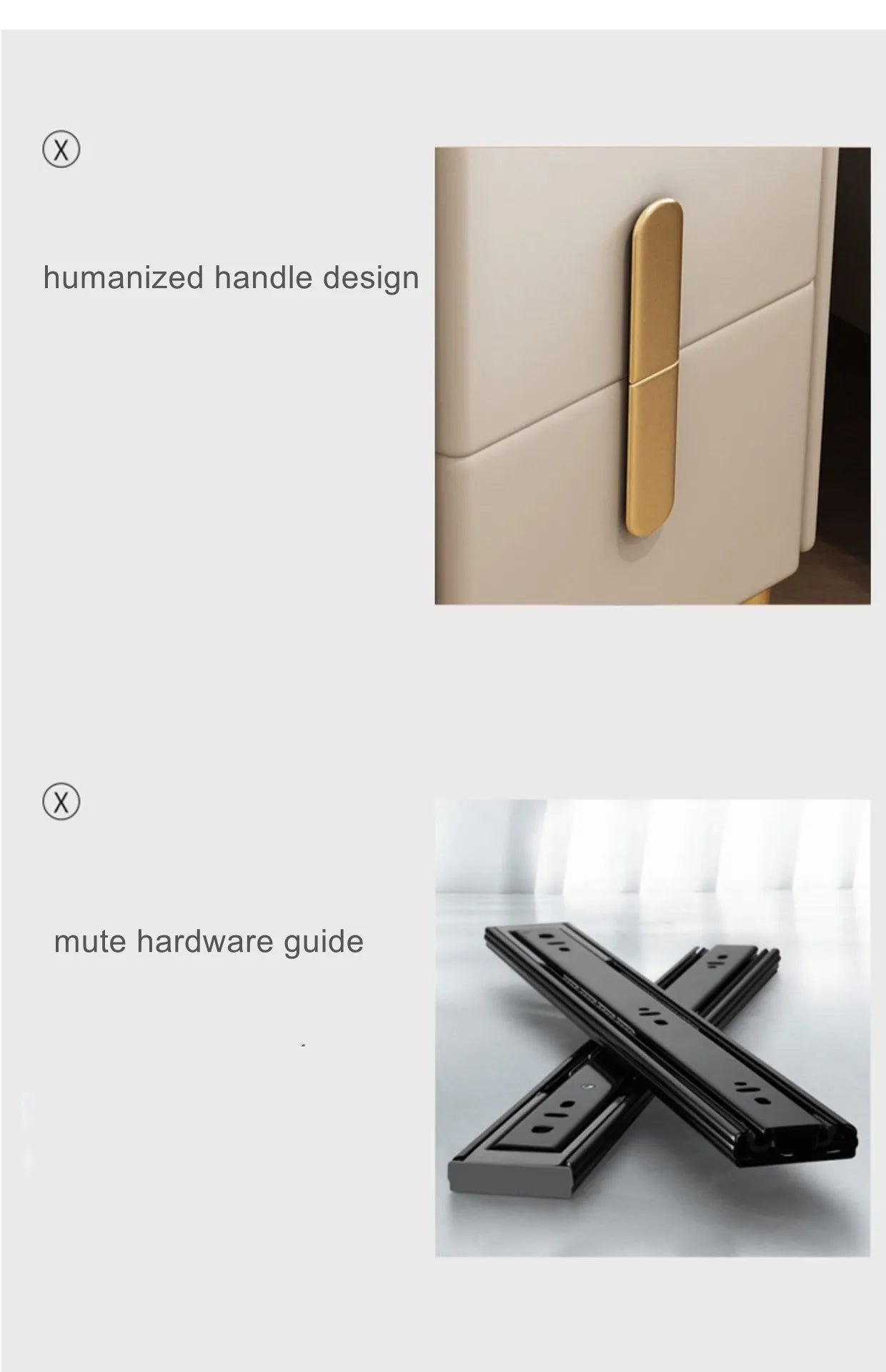 Cabinet with gold handle and mute hardware guide on a white background