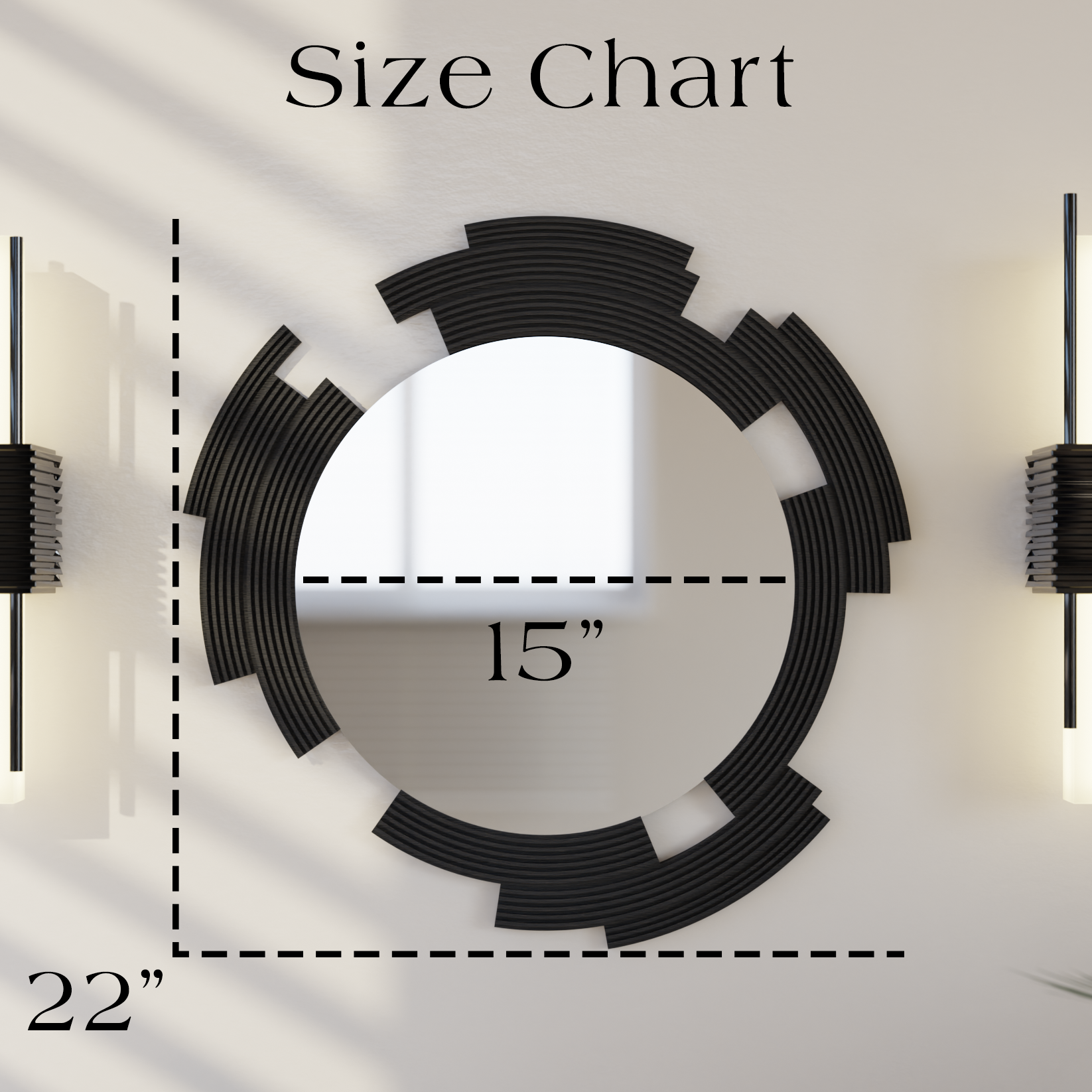 Black circular wall mirror with measurements on a white background