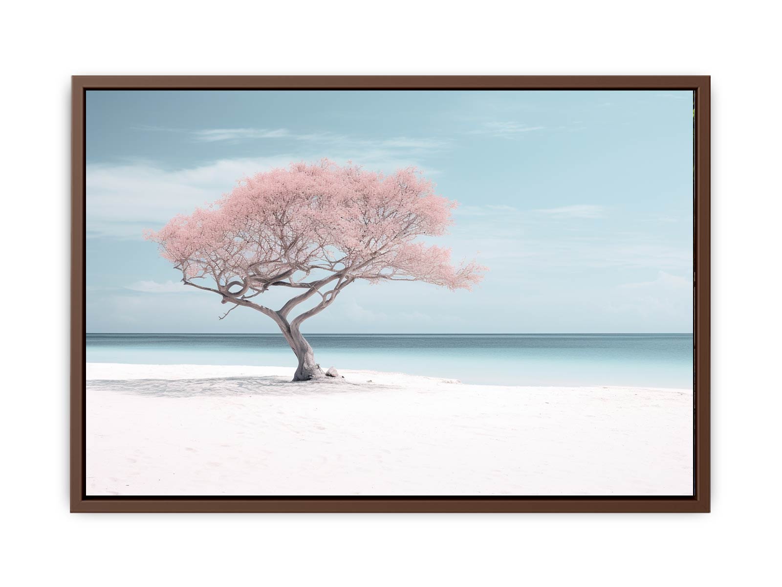 Framed artwork of a pink tree against a blue sky