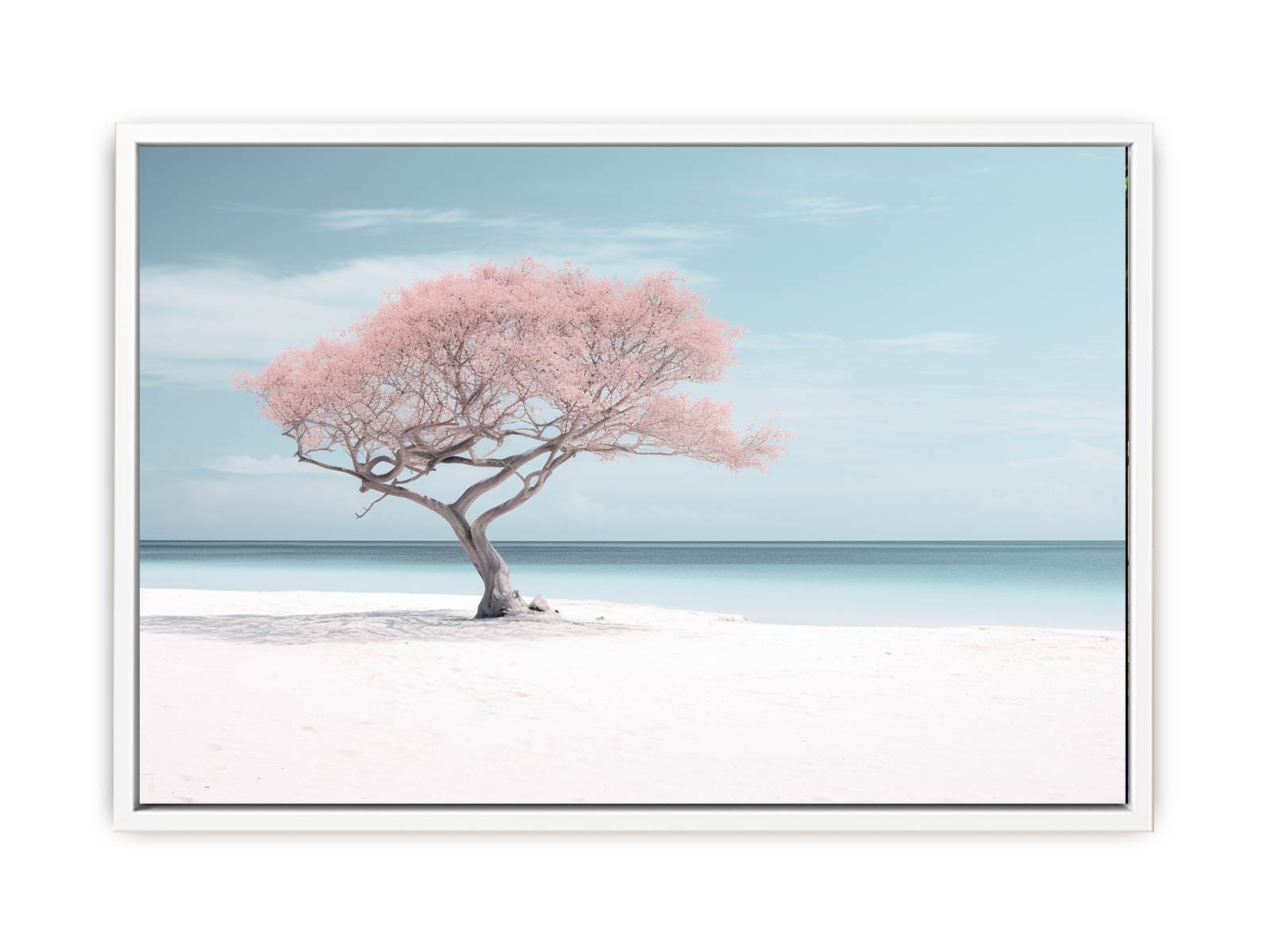 Framed artwork of a tree with pink blossoms against a light blue sky.