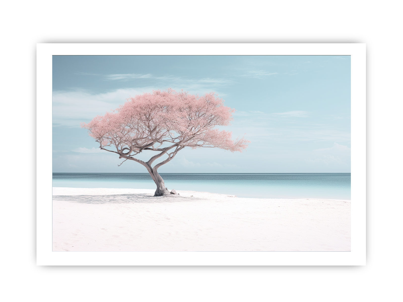 Framed artwork of a pink tree against a blue sky