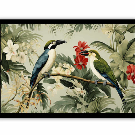 Framed artwork of two birds on a branch with flowers and leaves