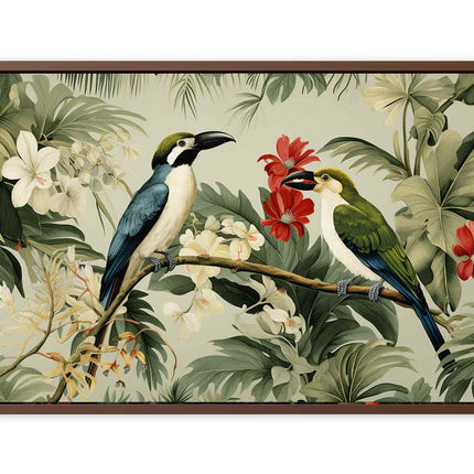 Framed artwork of two birds on a branch with flowers and leaves