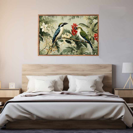 Modern bedroom with a bed, nightstands, and a decorative wall painting.