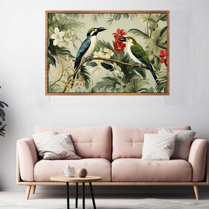Living room with a pink sofa, decorative plant, and a large framed painting of birds and flowers on the wall.