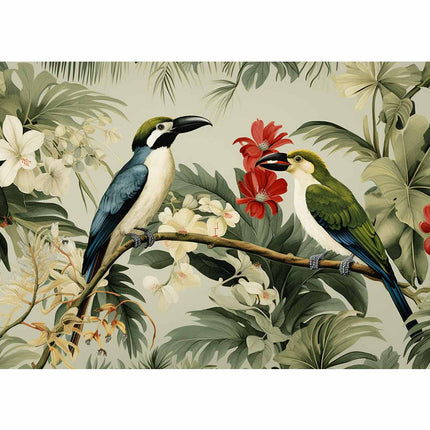 Two birds on a branch with tropical flowers and leaves in the background