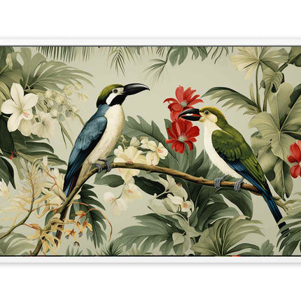 Framed artwork of two birds on a branch with flowers and leaves