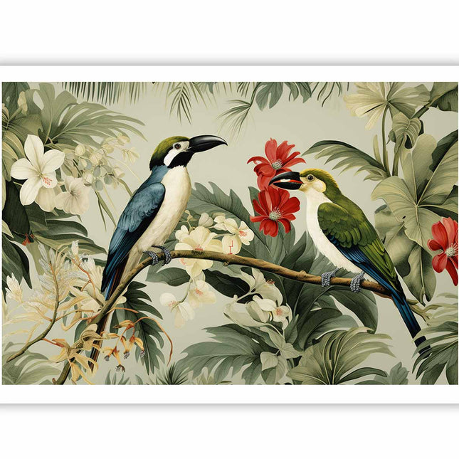 Illustration of two birds on a branch with flowers and leaves in the background