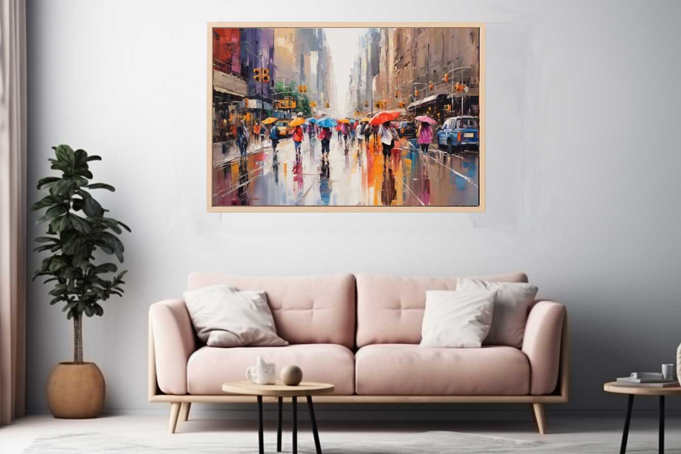 Living room with a pink sofa, small table, and a large painting of a rainy city street on the wall.