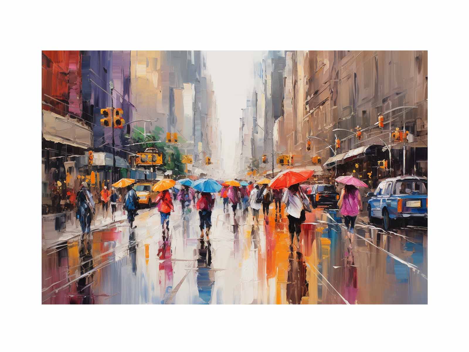 City street scene with people holding umbrellas on a rainy day.