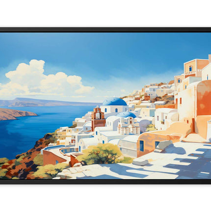 Framed artwork of a coastal scene with white buildings and blue sky.