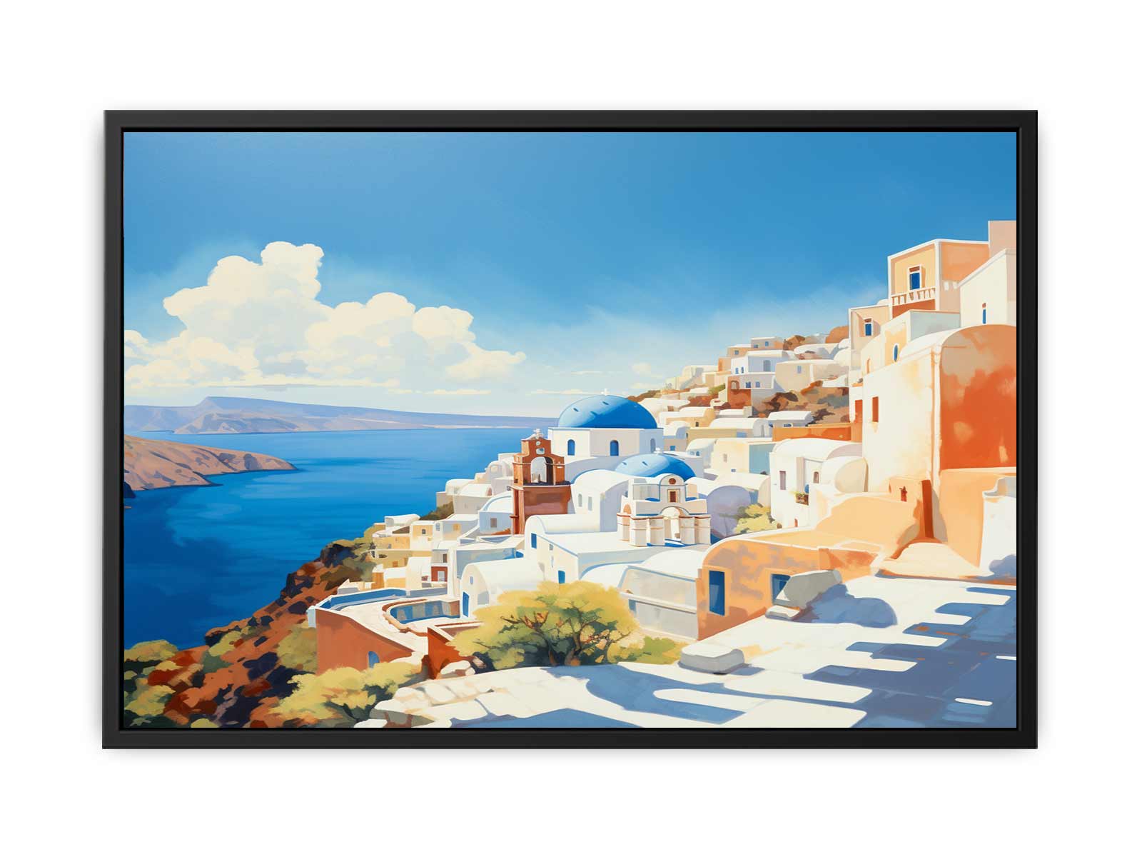 Framed artwork of a coastal scene with white buildings and blue sky.