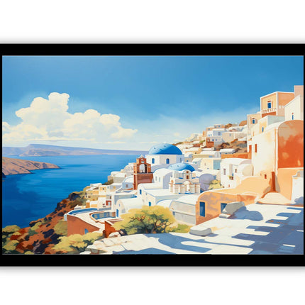 Framed artwork of a coastal scene with white buildings and blue sky.