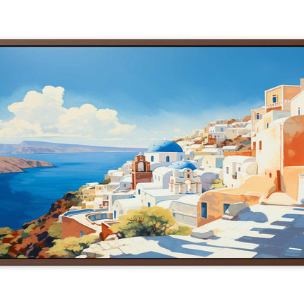 Framed artwork of a coastal scene with white buildings and blue sky.