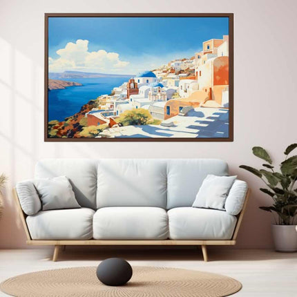 Living room with a large framed painting of a coastal scene on the wall.