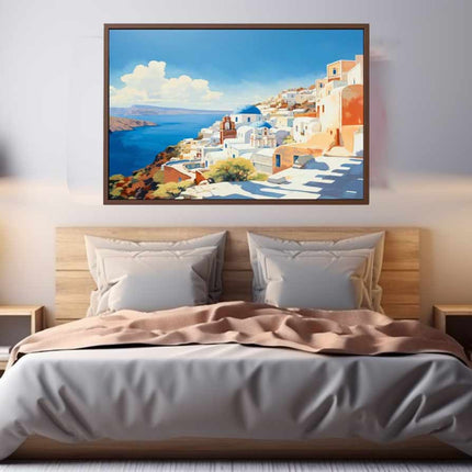 Bedroom with a large painting of a coastal scene above the bed