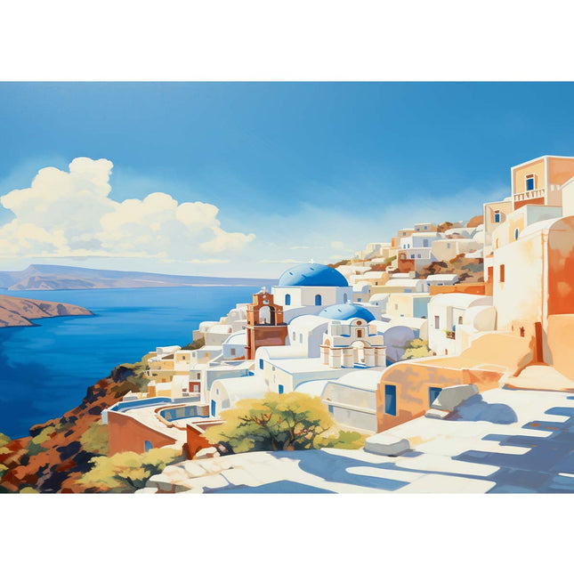 Colorful coastal town with white buildings and blue domes overlooking the sea.