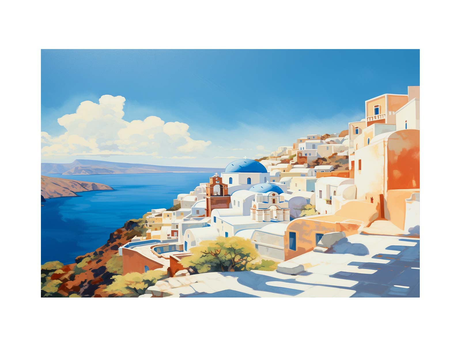 Colorful coastal town with white buildings and blue domes overlooking the sea.