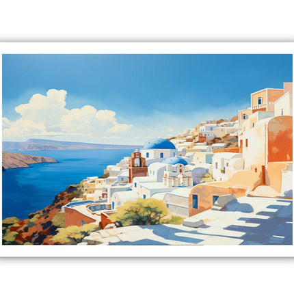 Framed artwork of a coastal scene with white buildings and blue sky.