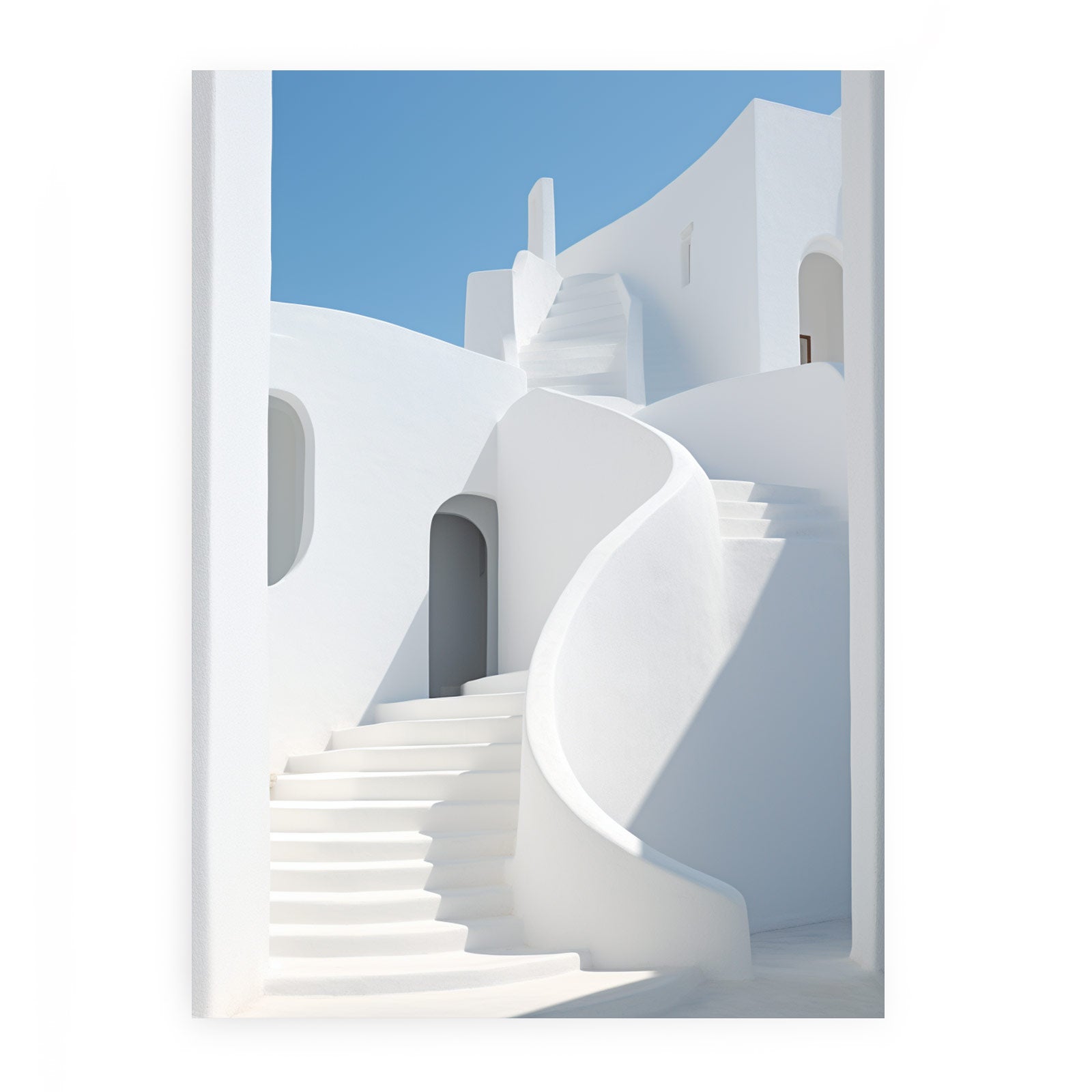 White architectural structure with stairs against a blue sky
