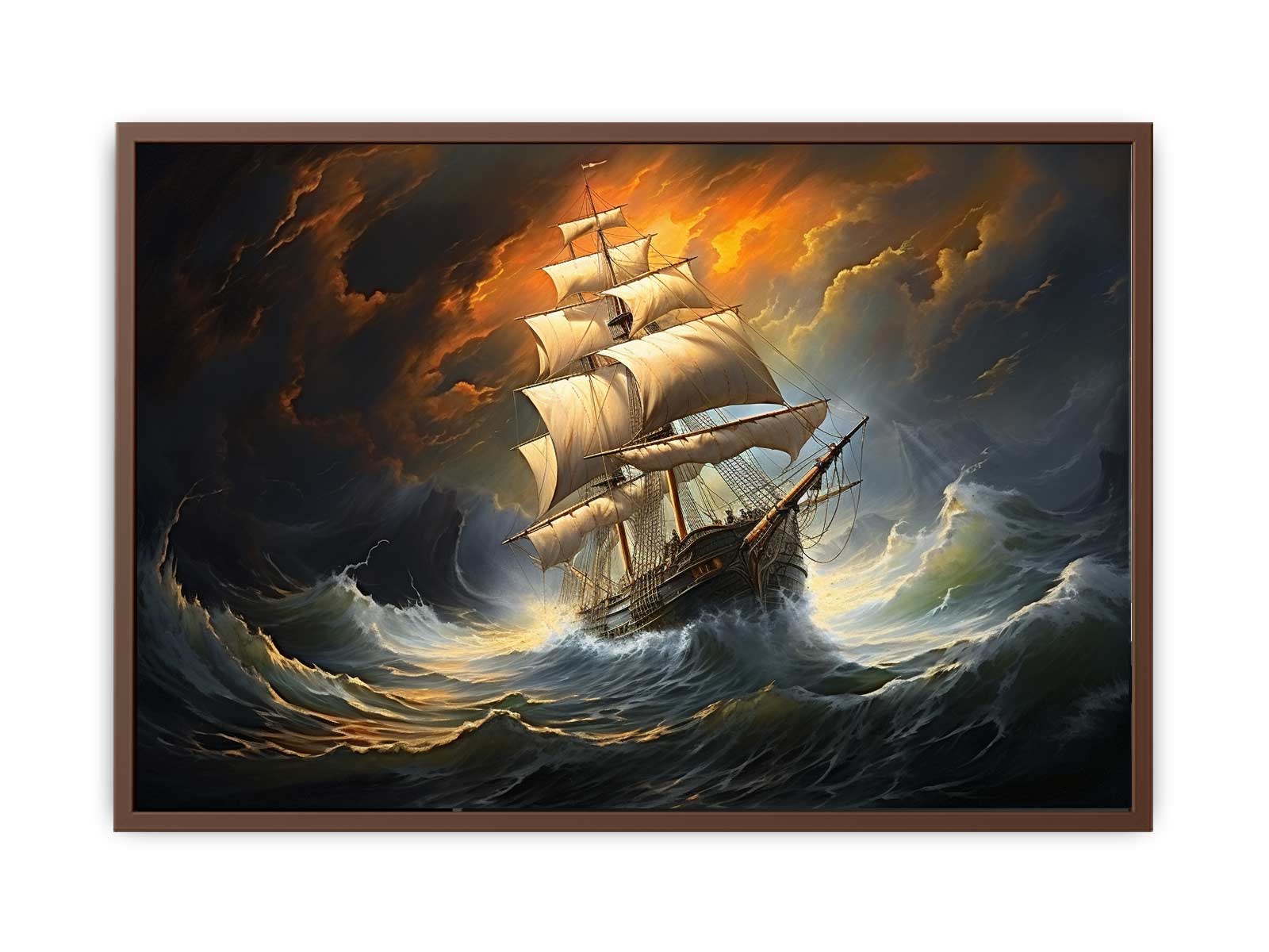 Framed artwork of a ship sailing through rough waters with dramatic clouds.